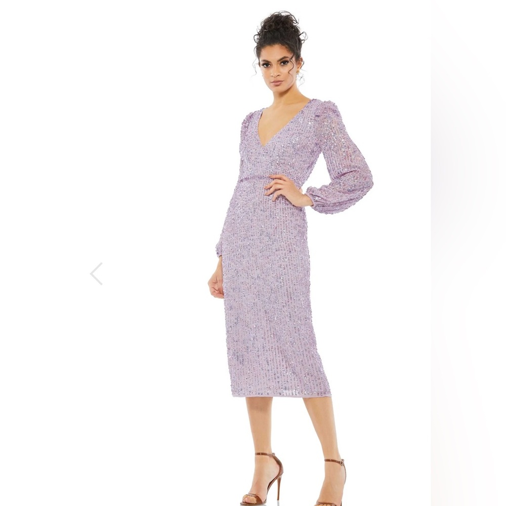 NWT Mac Duggal Purple Sequined Puff Sleeve V Neck Midi Lavender 14 - Picture 5 of 16